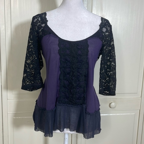 FREE PEOPLE Women’s Purple With Black Lace & Ruffle Boho Top Blouse Size Small - Picture 1 of 10